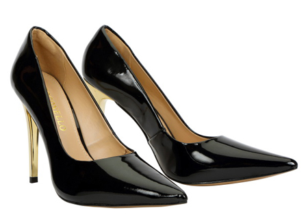 Patent leather court with gold stiletto heel