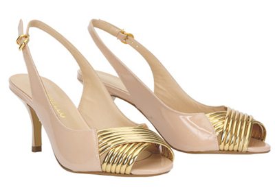 Leather sling-back with gold feature peep toe